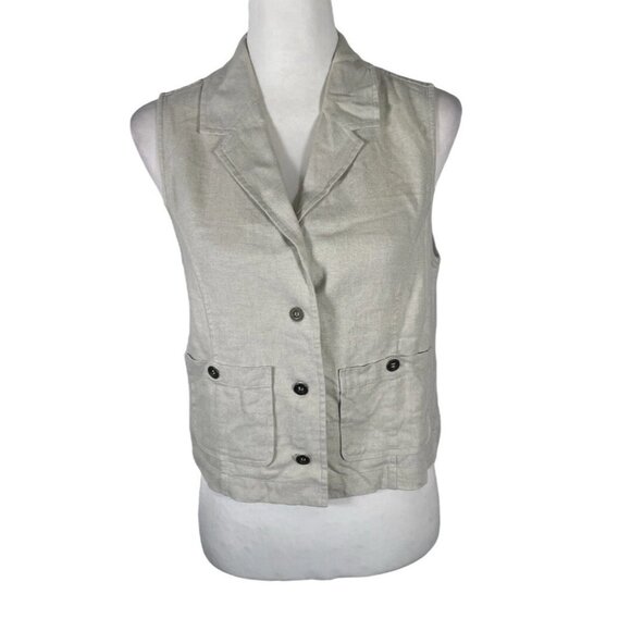 Christopher & Banks Vest Women's 6 Beige Linen Pockets Notch Lapel Button Front - Picture 1 of 15